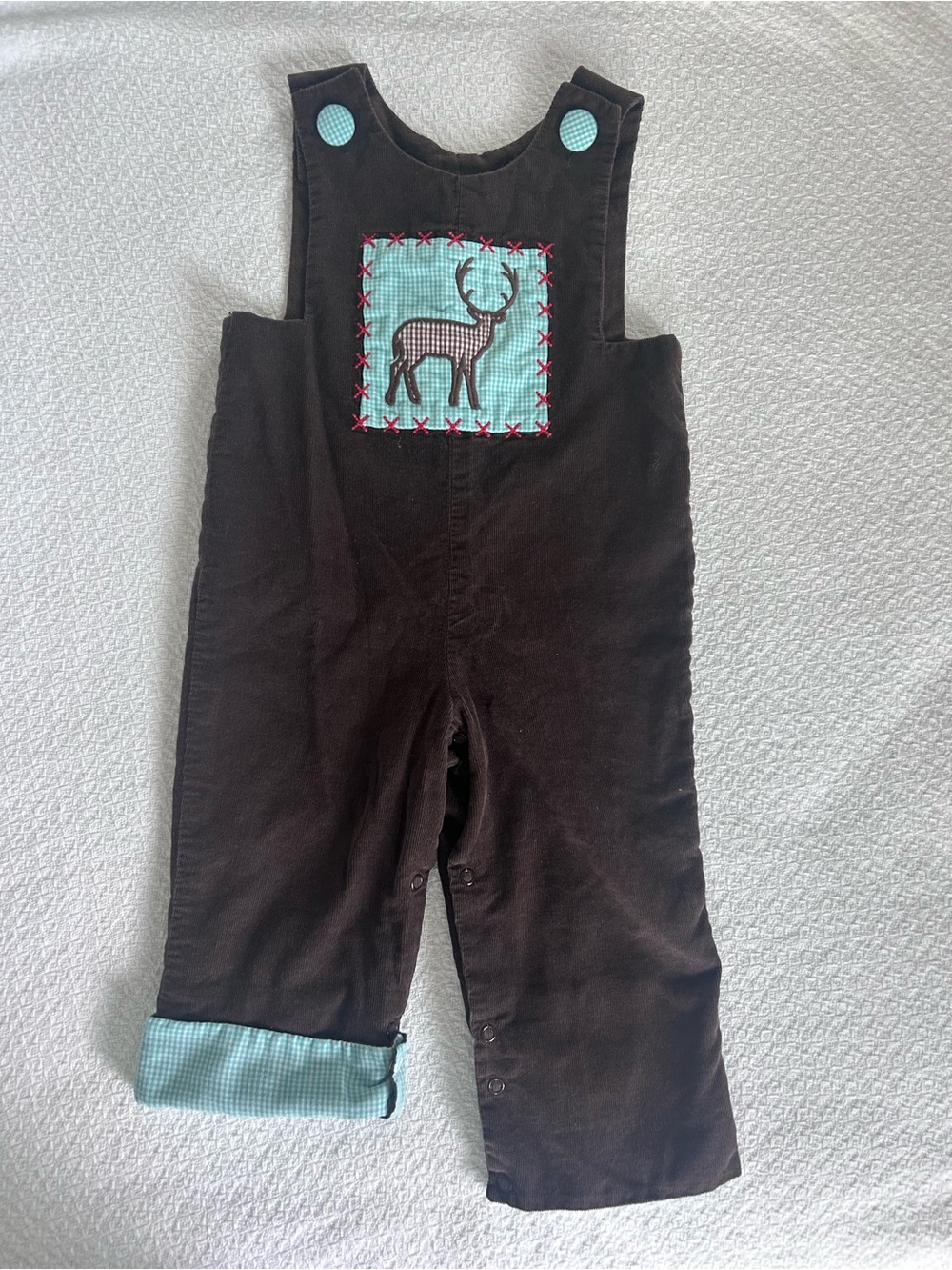 Shrimp & Grits Kids Corduroy Deer Applique Kids Overalls in Brown and Turquoise